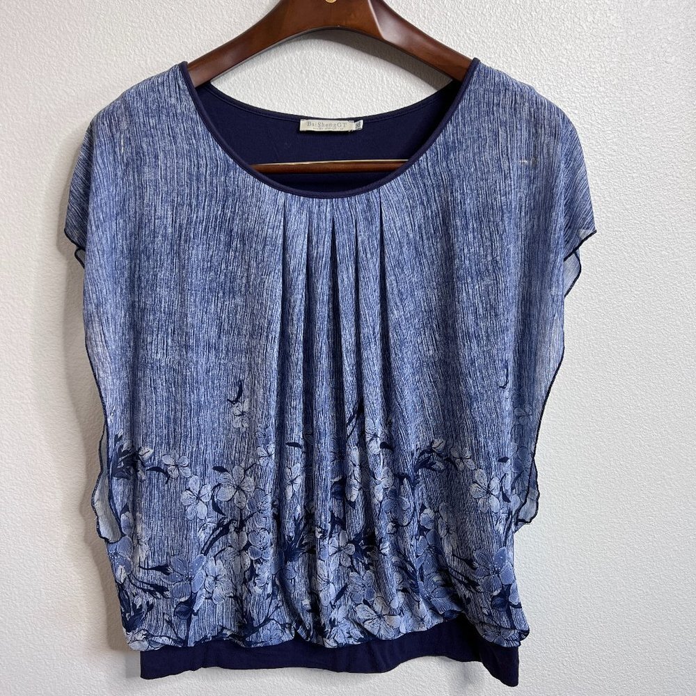 Baisheng GT Women's Blue Floral Lined Flouncing Flared Blouse - 2XL